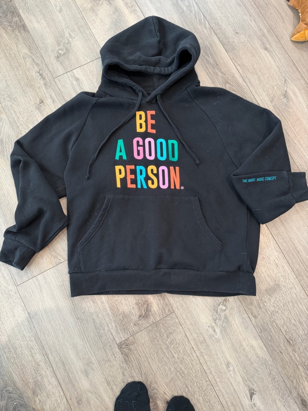 Be A Good Person Black Hoodie with Multicolor Lettering